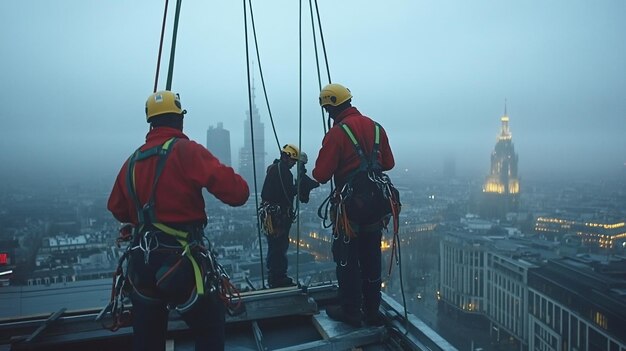 Trabajadores especializados realizando labores en tejado a gran altura con equipos de seguridad