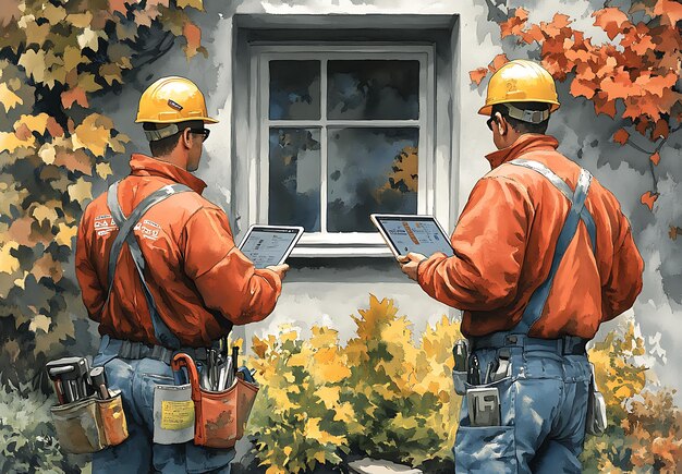Técnicos revisando el mantenimiento de un edificio en otoño con tablets